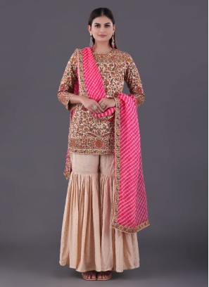 Floral Printed Beige Sharara Suit