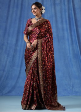 Floral Printed Burgundy Satin Silk Saree