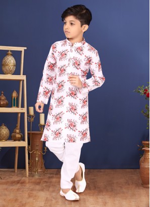 Floral Printed Cotton Off White Kurta Pajama