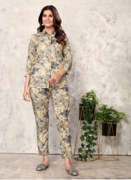 Floral Printed Cream Co-Ord Set In Rayon