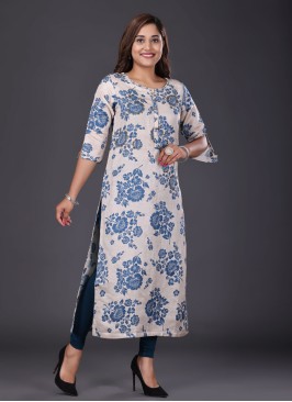 Floral Printed Kurti In Beige Color