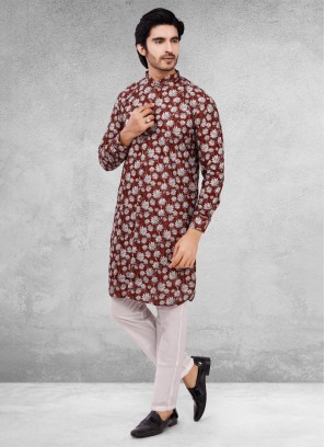 Floral Printed Maroon Kurta Pajama