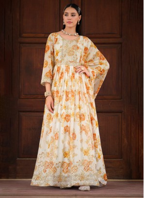 Floral Printed Off White Georgette Anarkali Suit