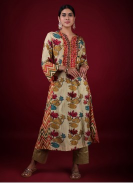 Floral Printed Salwar Kameez In Beige Color