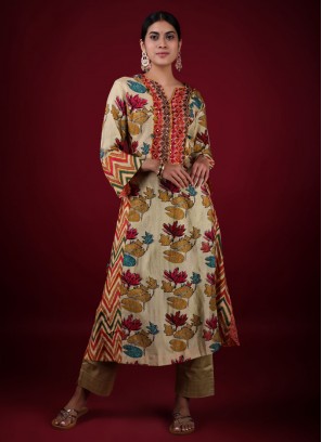 Floral Printed Salwar Kameez In Beige Color