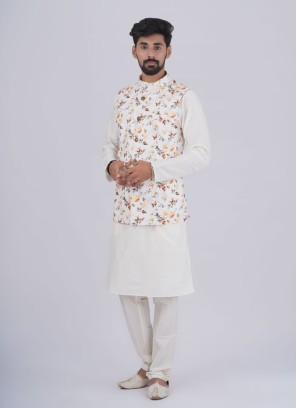 Floral Printed Silk Nehru Jacket Set