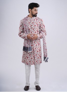 Floral Printed White Indowestern Set With Dupatta