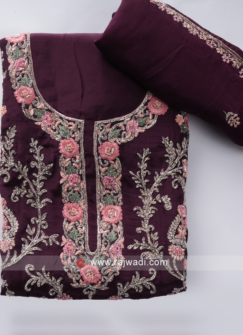 Floral Work Magenta Color Dress Material