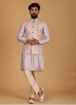 Floral Work Nehru Jacket Set In Silk Fabric