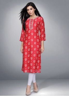 Flower Printed Kurti In Tomato Color