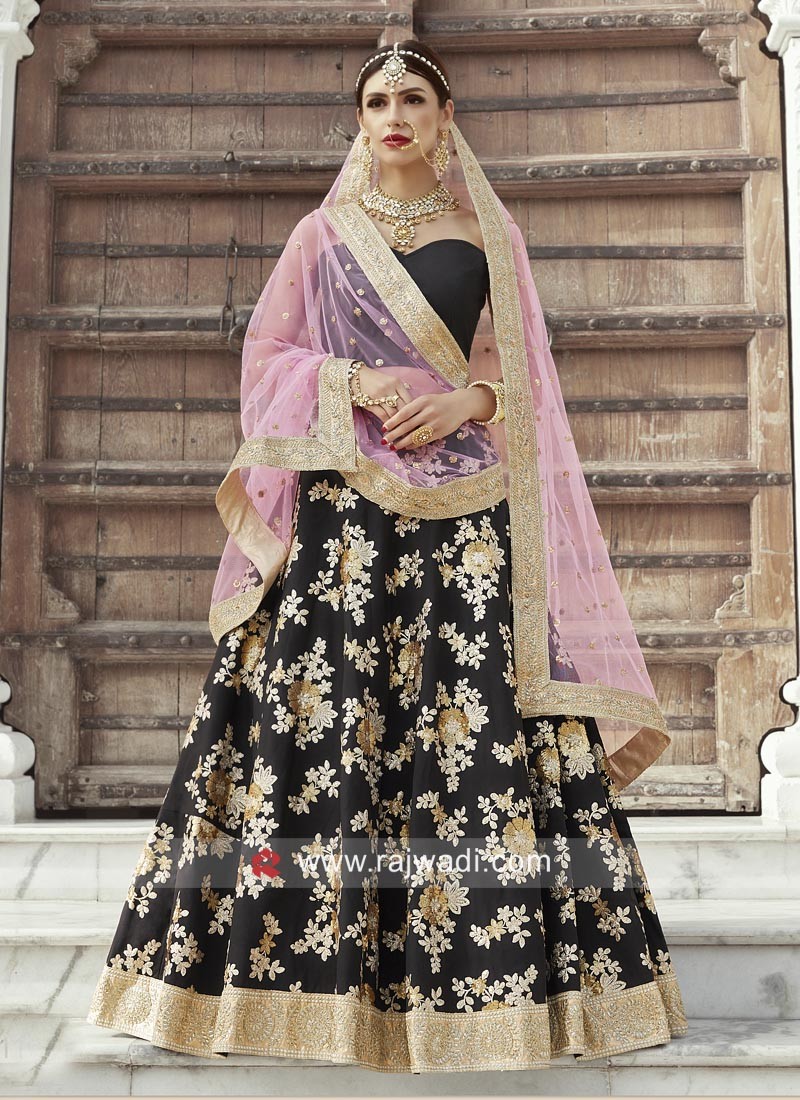 RawSilk Black color Lehenga & Choli with Embroidery and Sequince Work and  Net Dupatta with Embroidered Border