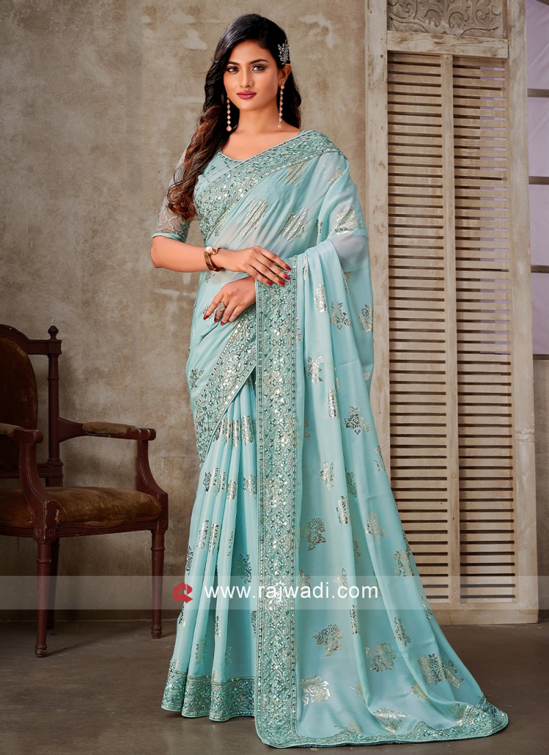 Aqua Blue Silk Designer Saree