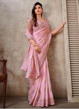 Stunning Pink Sequins Embellished Silk Saree