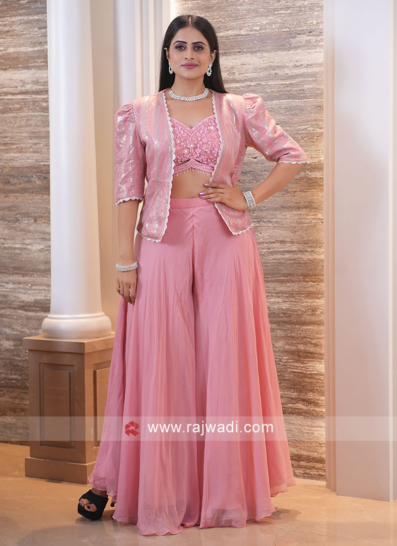 Gajari Pink Indowestern Palazzo Suit With Jacket