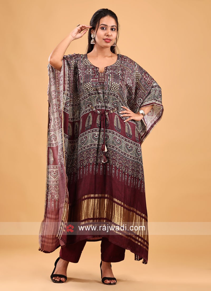 Gajji Silk Kaftan Style Kurti Set In Maroon Color