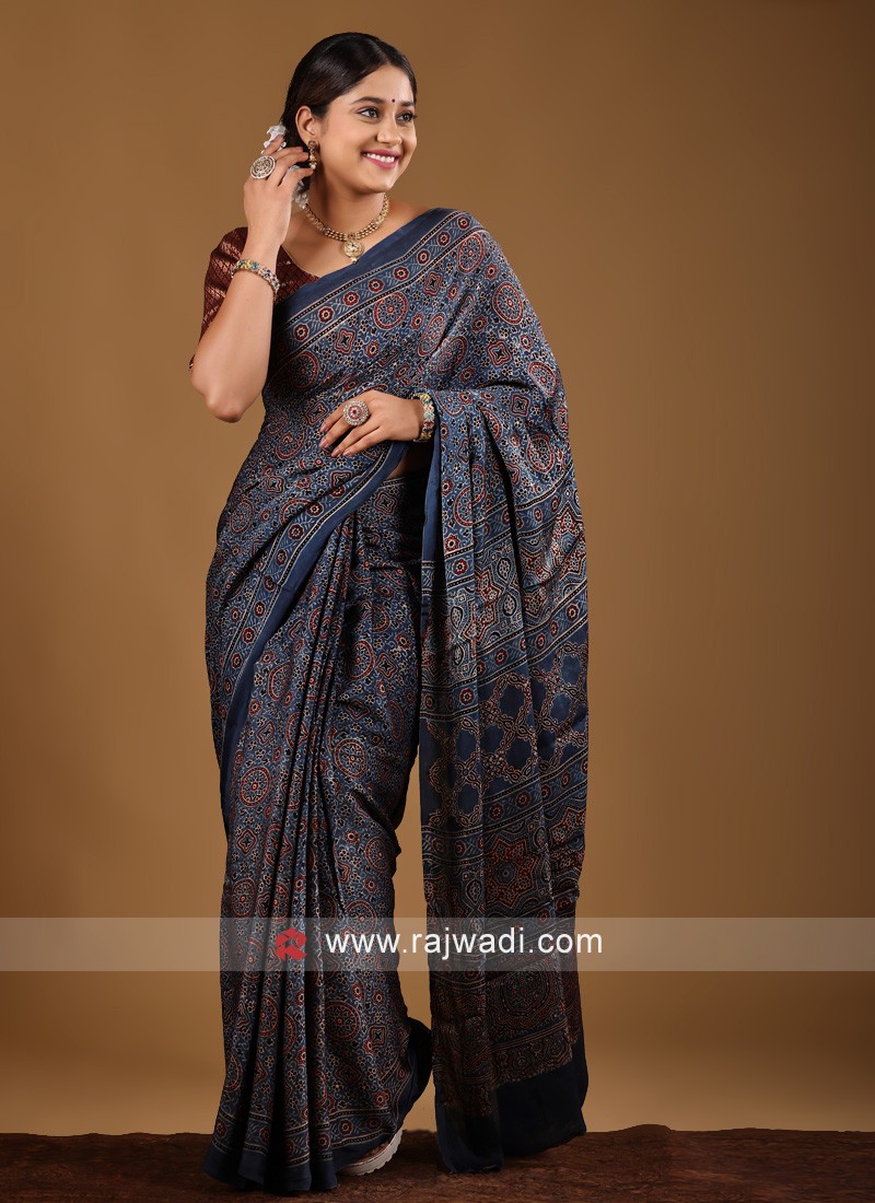 Maroon Pure Modal Silk Saree with Ajrakh Hand Block Prints - Mirra Clothing