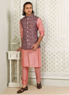 Gajri Pink Thread Embroidered Nehru Jacket Set