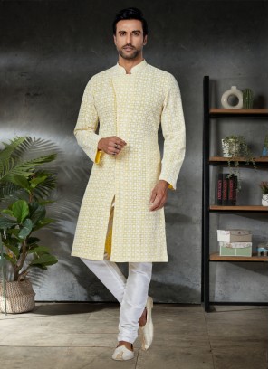 Lemon Yellow Stylish Georgette Indowestern Set