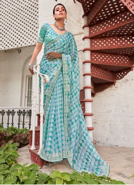 Geometric Printed Green And White Fancy Saree