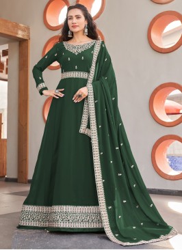 Georgette Anarkali Suit In Green Color