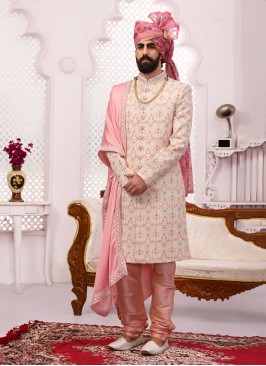 Georgette Cream Lucknowi Embroidered Sherwani