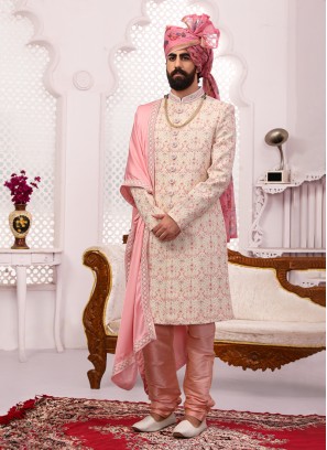 Georgette Cream Lucknowi Embroidered Sherwani