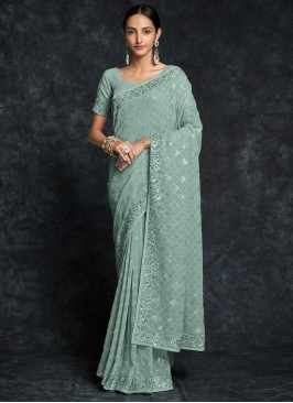 Sea Green Sequins Embroidered Georgette Saree