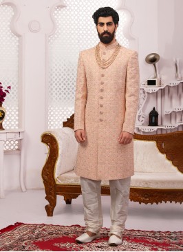 Georgette Embroidered Peach Color Designer Sherwani