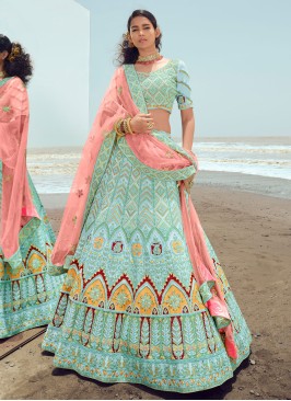 Georgette Embroidered Turquoise A-line Lehenga Choli