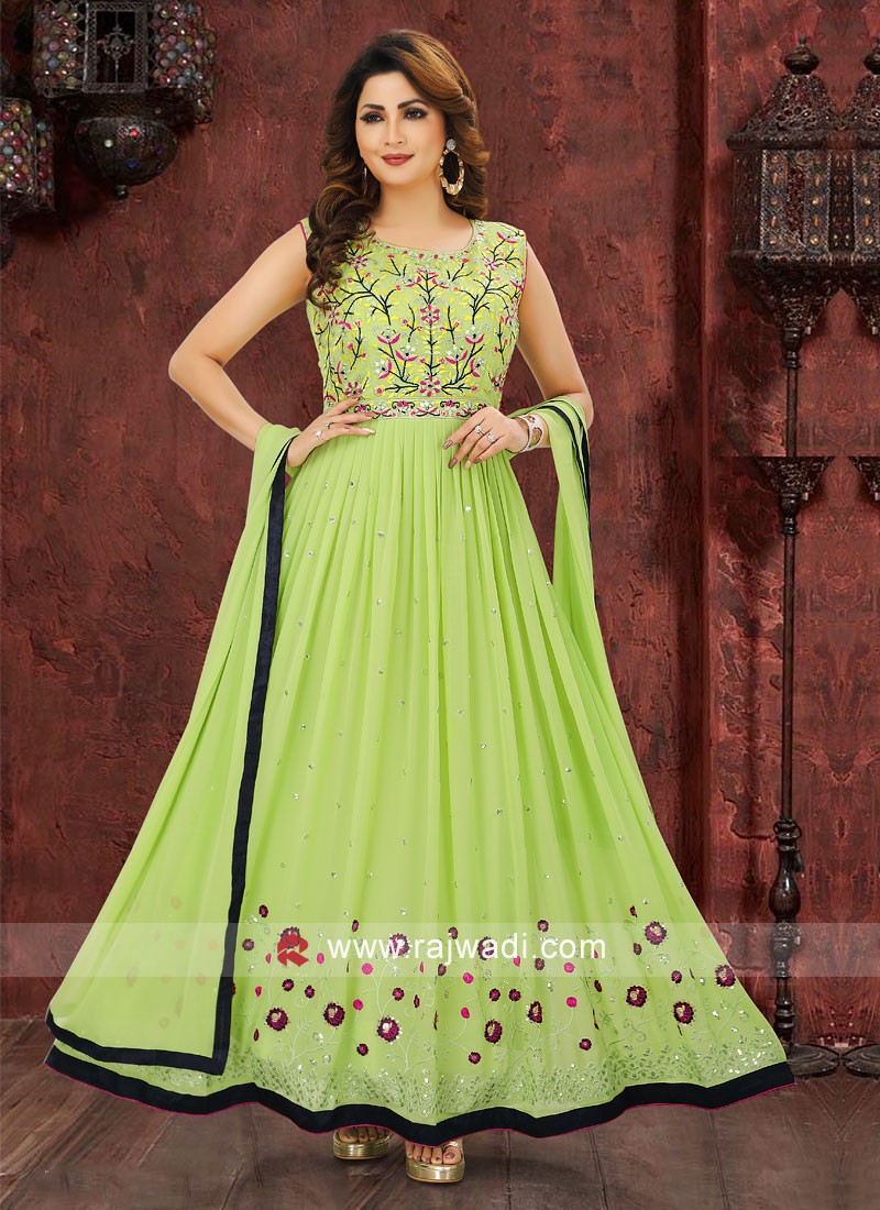 Buy Sea Green And Parrot Green Shaded Anarkali Suit In Georgette With  Lucknowi Work And Bandhani Dupatta Online - Kalki Fashion