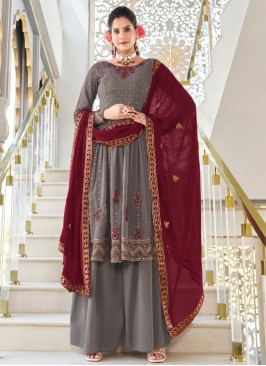 Georgette Grey Embroidered Flared Kurti With Palazzo