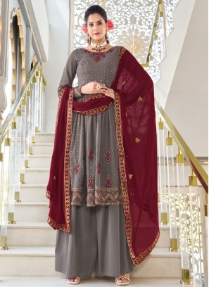 Georgette Grey Embroidered Flared Kurti With Palazzo