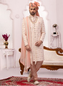 Georgette Lucknowi Embroidered Cream Sherwani