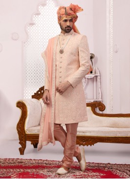 Georgette Lucknowi Embroidered Peach Sherwani