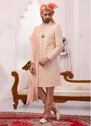 Georgette Lucknowi Embroidered Peach Sherwani