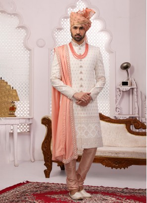 Georgette Lucknowi Embroidered Peach Sherwani With Dupatta