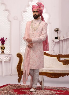 Georgette Lucknowi Embroidered Sherwani With Dupatta
