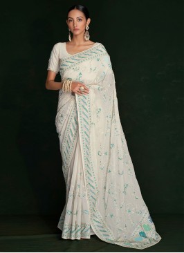 Off White Georgette Lucknowi Embroidered Saree