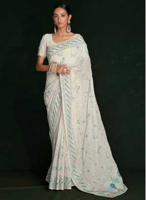 Off White Georgette Lucknowi Embroidered Saree