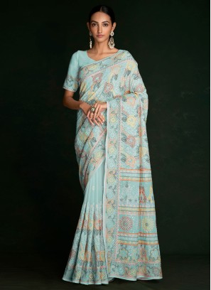 Baby Blue Woven Lucknowi Chikankari Cotton Silk Saree