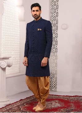 Georgette Navy Blue Dhoti Style Groom Embroidered Sherwani