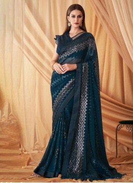 Rama Blue Festive Saree In Chiffon With Sequins Work