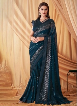 Rama Blue Festive Saree In Chiffon With Sequins Work