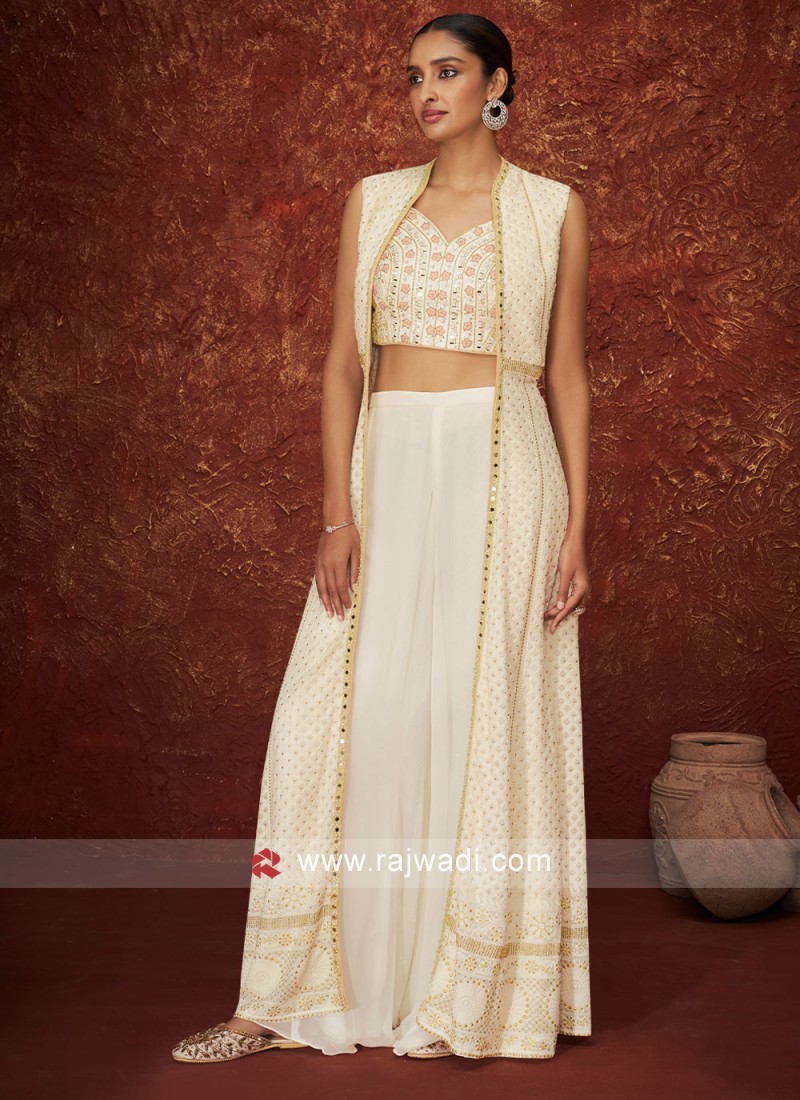 Georgette Off White Palazzo Salwar Kameez