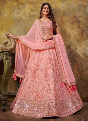 Georgette Dark Peach Embroidered Designer Lehenga Choli