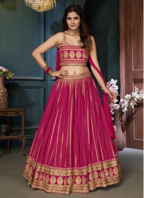 Georgette Pink Resham A Line Lehenga Choli