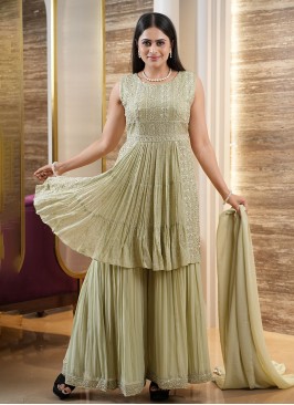 Georgette Pista Green Embroidered Sharara Suit