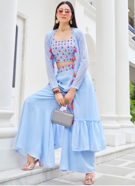 Georgette Powder Blue Festive Palazzo Suit With Jacket