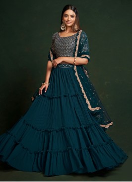 Georgette Rama Blue Lehenga Choli With Dupatta