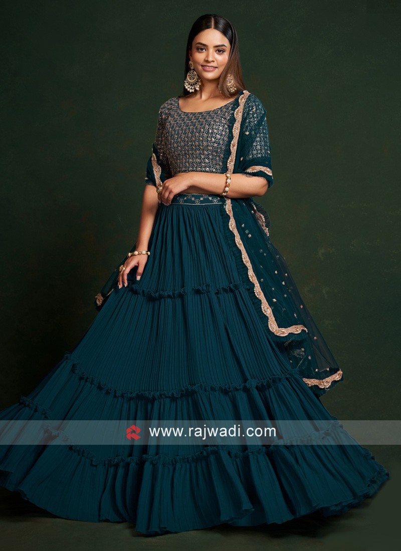 TEAL BLUE HEAVY EMBROIDERED DESIGNER BRIDAL LEHENGA – zarikaariindia.com